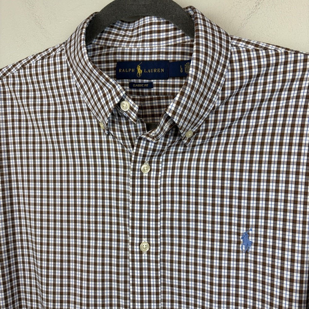 Ralph Lauren Shirt Mens Large Brown Check Stretch Button Down Long Sleeve